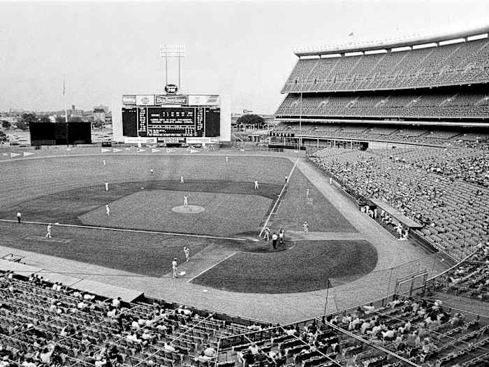 A sparsely-filled stadium hosts a baseball game after the 1981 MLB strike.
